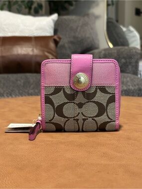 Vintage Y2K Coach Signature Canvas Small Bi-Fold Wallet in Pink and Brown RARE